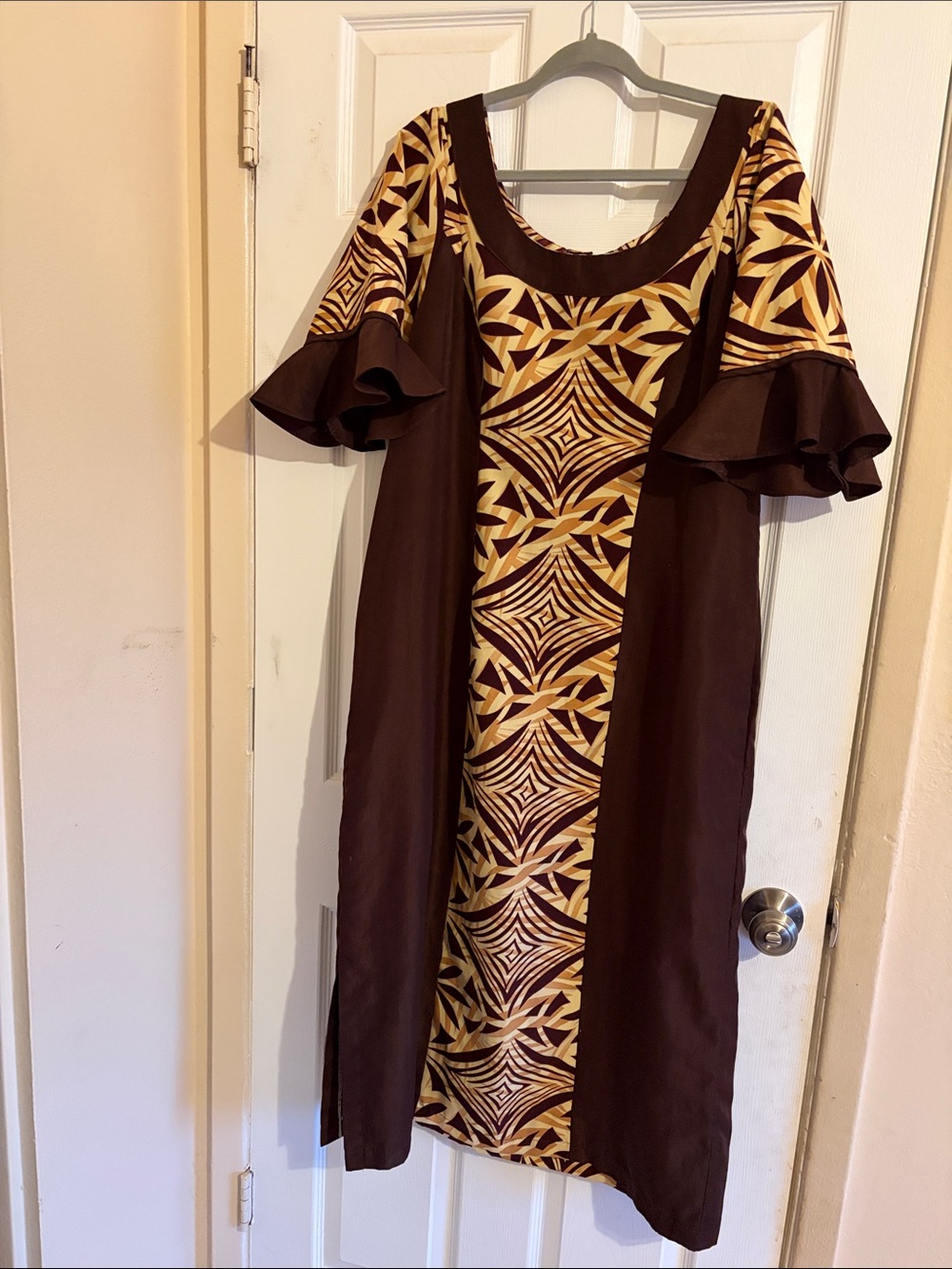 Brown & Gold Long Dress with Patterned Center Panel One of a kind